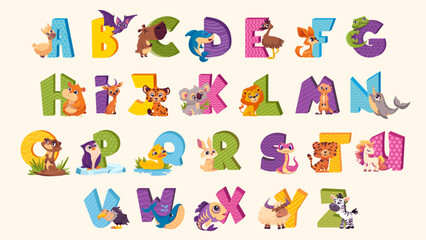 English Alphabet with Cute and Unusual animals for kids education. Funny hand drawn style characters. Vector illustration