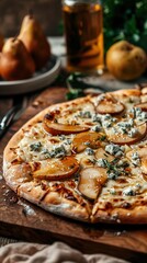 Freshly baked pizza with blue cheese and caramelized pears drizzled with honey on a wooden board
