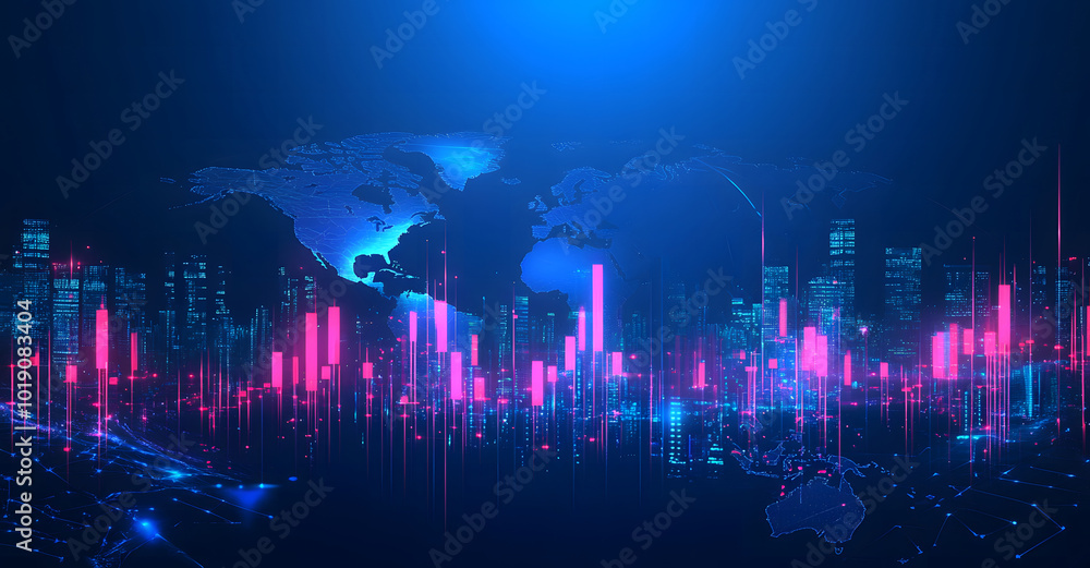 Poster forex trading chart with an upward trend on digital globe background design. 3d rendering design