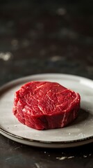 Fresh raw beef fillet steak on a clean white plate, ready for cooking or grilling preparation