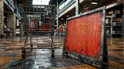 Shopping Cart and Display Sign in Market Setting