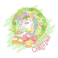 Cute smiling Christmas Unicorn and lettering Merry Christmas