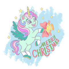 Cute Christmas Unicorn with a bell and lettering Merry Christmas