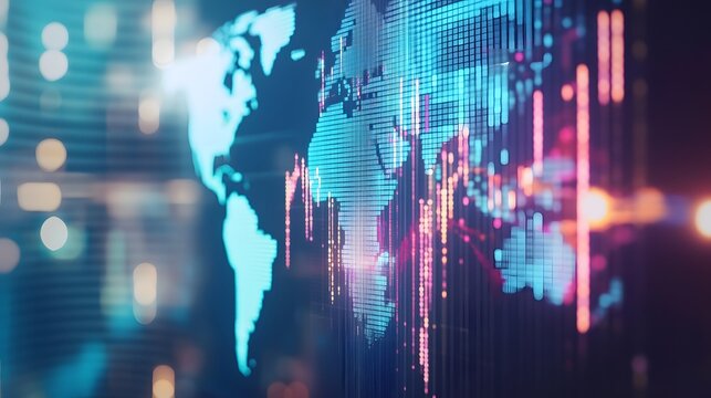Close-up of digital world map with highlighted countries and trade routes, visualizing the impact of tariffs on global trade and rising economic tension through a graph	
