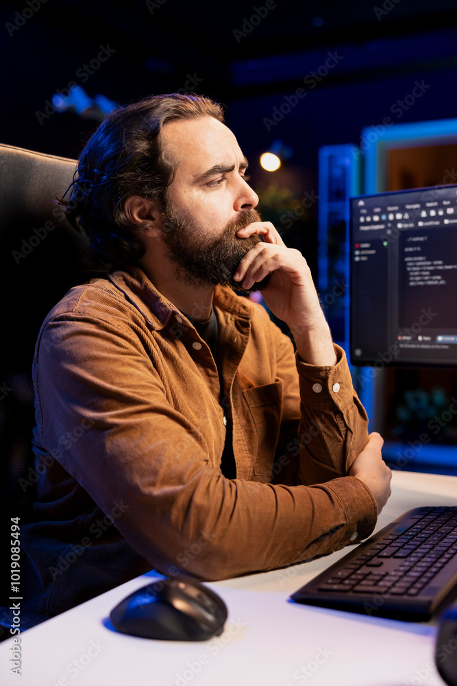 Poster pensive it engineer thinking of ways to fix vulnerabilities in software enabling hackers to compromi