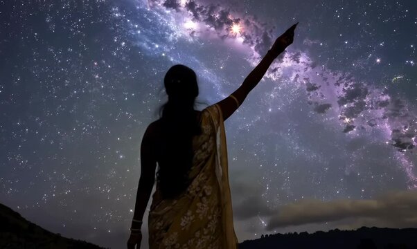 Indian Woman Pointing at Stars on Hilltop at Night