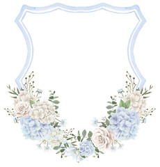 Vintage Crests and Monograms with Watercolor Hydrangea floral Watercolor illustration