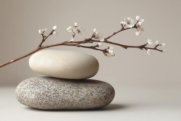 natural stones and a branch arranged on a neutral background ideal for beauty product branding and packaging creating a minimalist aesthetic that emphasizes simplicity