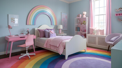 Photo of a girl's bedroom with a rainbow rug, featuring pink and purple pastel colors