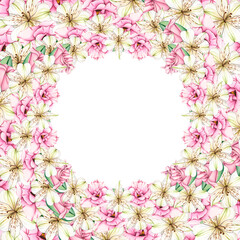 Floral Wreath of white and pink flowers. Watercolor frame of lily and alstroemeria. Composition with Lilies close-up. Floral botanical illustration for graphic design, decorate, design and postcard
