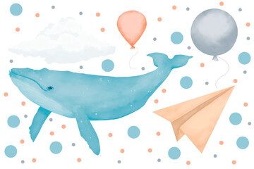Set with whale, cloud, balloons and paper airplane, watercolor digital illustration for printing and web