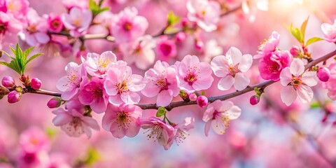 Fototapeta premium Aerial view of pink blossoms on tree branches in springtime