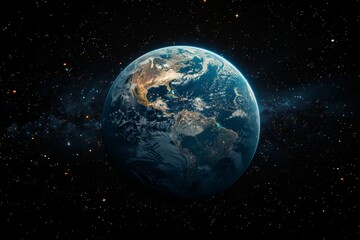 Half of earth illuminated by city lights against a starry night sky in outer space