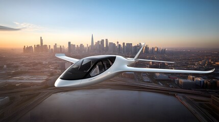 Fototapeta premium Sleek electric air taxi hovering above futuristic city skyline, smooth aerodynamic design, golden hour sunlight, modern transportation concept