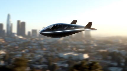 Fototapeta premium Sleek electric air taxi hovering above futuristic city skyline, smooth aerodynamic design, golden hour sunlight, modern transportation concept