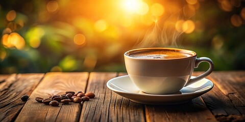 Obraz premium A person holding a cup of coffee in the morning sunlight with shallow depth of field.
