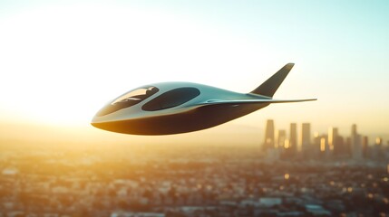 Sleek electric air taxi hovering above futuristic city skyline, smooth aerodynamic design, golden hour sunlight, modern transportation concept