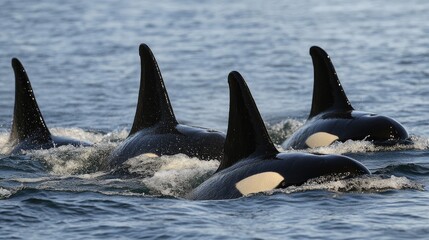 Fototapeta premium Group of Orcas Swimming in Ocean Waters