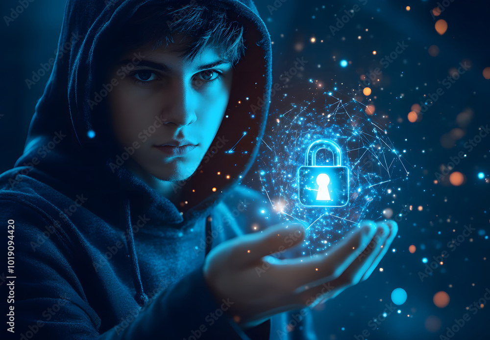 Poster hacker in hoodie using glowing digital padlock in circular tech hologram on blurry background design