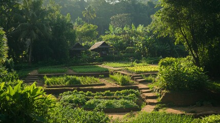 Vibrant Thai Garden: Farm-to-Table Concept with Fresh Herbs and Vegetables, Detailed Shot of Traditional Thai Cuisine Ingredients
