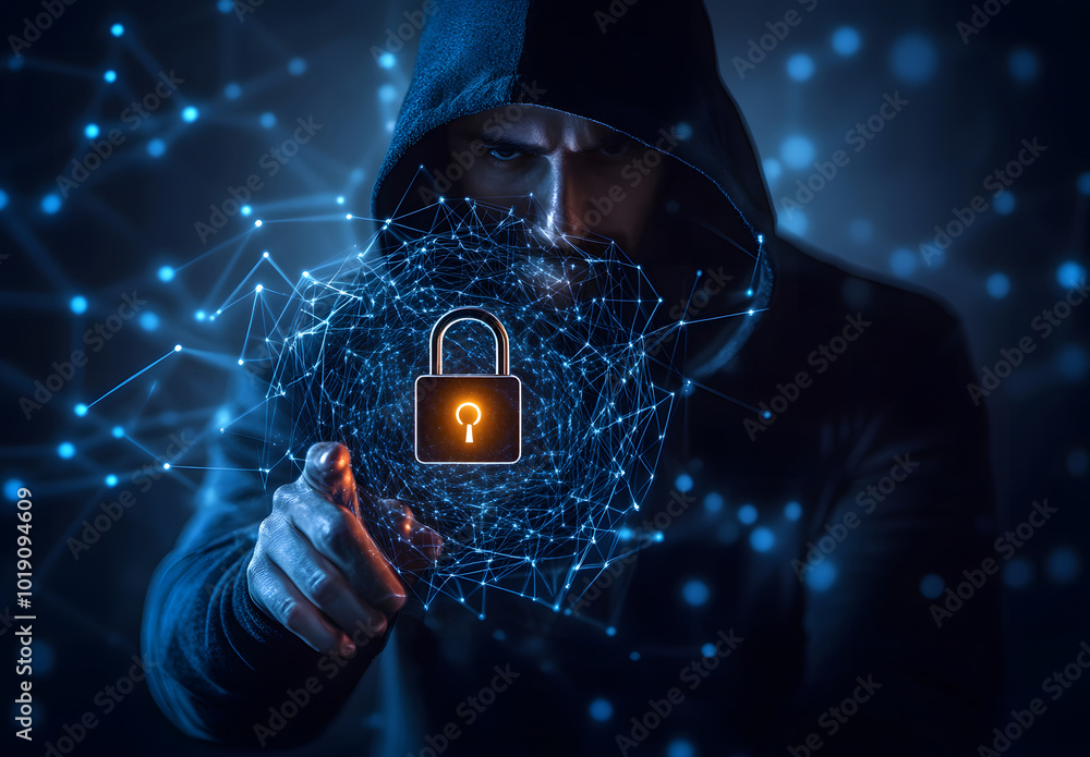 Poster hacker in hoodie using glowing digital padlock in circular tech hologram on blurry background design