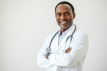 Middle-aged Black male doctor standing with arms crossed in a professional medical office, smiling confidently, clean white background emphasizing his competence and warmth.