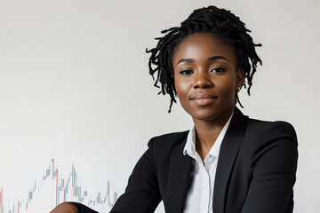 A young adult African American businesswoman in a fitted suit, sitting with trading charts on a white background, showcasing financial confidence and success.