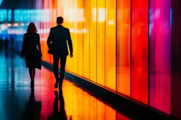 silhouette of a business woman and man walking in a colorful hall