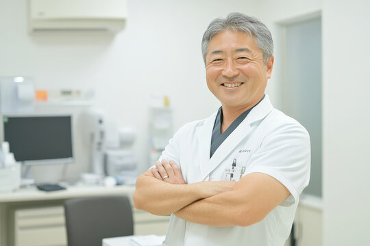Middle-aged Japanese male doctor standing with arms crossed, smiling in his professional office, clean white background creating a sense of calm and expertise.