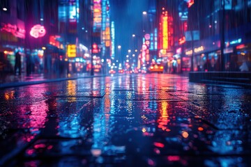 Fototapeta premium neondrenched urban nightscape reflections dancing in rain puddles blurred bokeh lights create an abstract ethereal atmosphere vibrant colors pierce the darkness