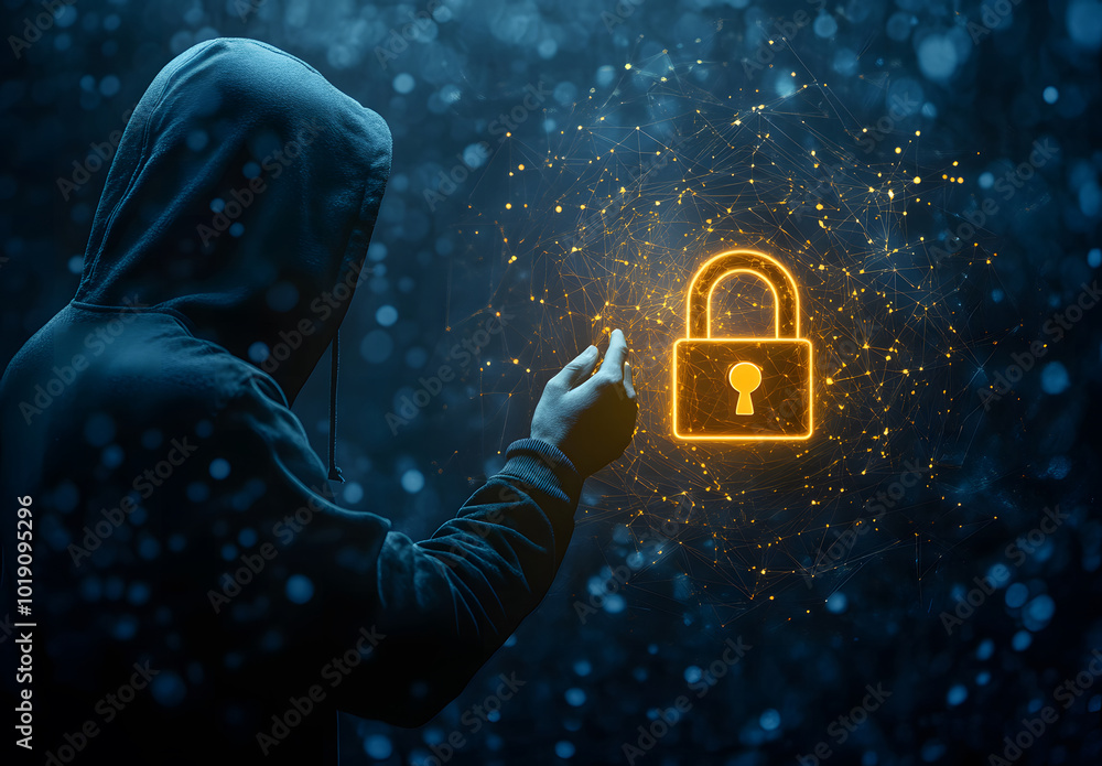 Poster hacker in hoodie using glowing digital padlock in circular tech hologram on blurry background design