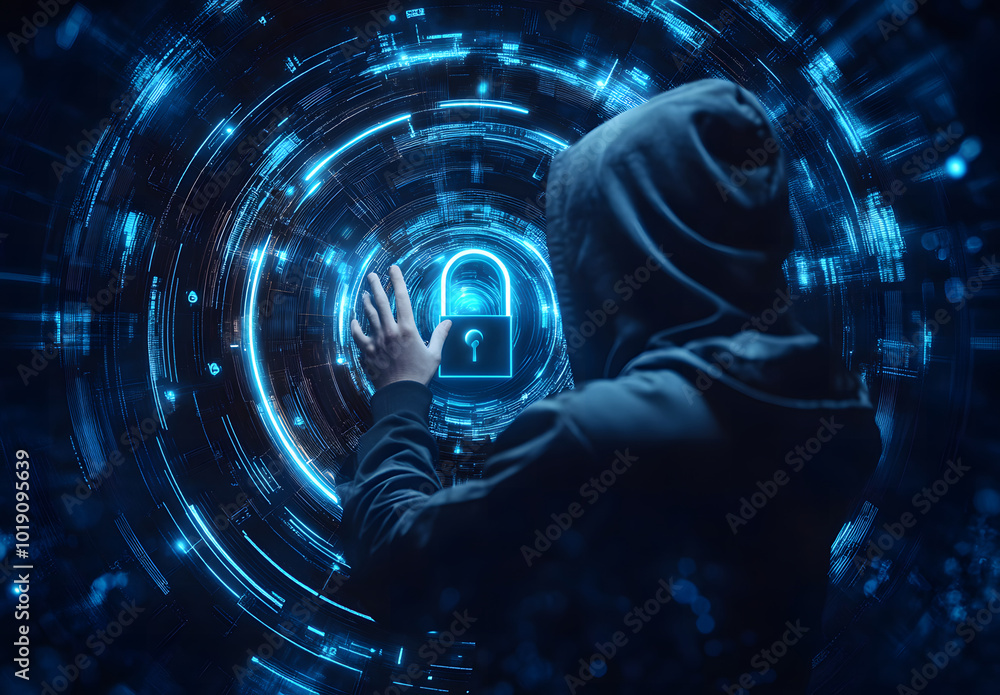 Poster hacker in hoodie using glowing digital padlock in circular tech hologram on blurry background design