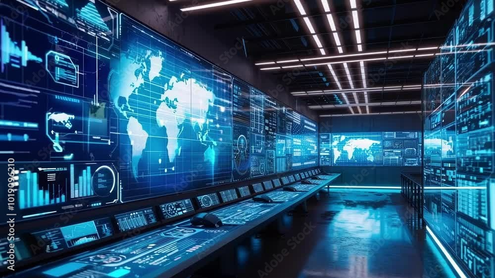 Poster multiple computer screens are displaying graphs, charts, and a world map, representing innovative en
