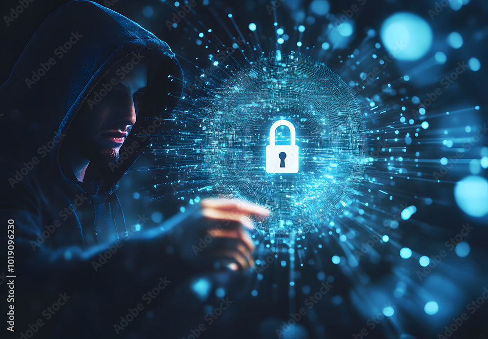 Poster hacker in hoodie using glowing digital padlock in circular tech hologram on blurry background design