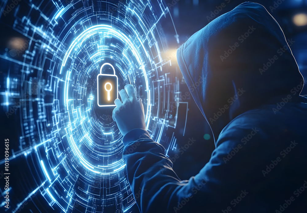 Poster hacker in hoodie using glowing digital padlock in circular tech hologram on blurry background design