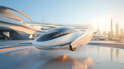 Obraz premium Sleek electric air taxi hovering above futuristic city skyline, smooth aerodynamic design, golden hour sunlight, modern transportation concept 