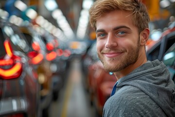 Fototapeta premium Young man selecting his ideal vehicle at a local car dealership for a new adventure