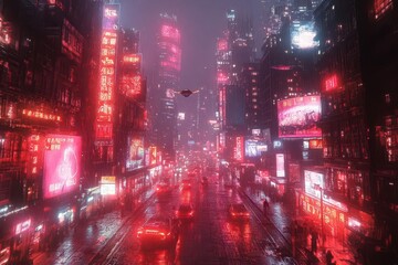 Fototapeta premium neonlit cyberpunk cityscape towering skyscrapers with holographic advertisements flying vehicles crowded streets moody atmospheric lighting futuristic architecture