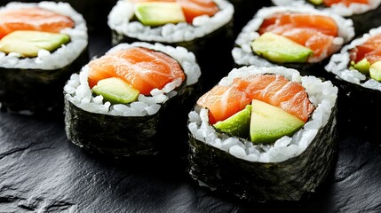 Sushi rolls with rice, salmon, avocado, cream cheese, seaweed, and a dark slate surface seen up close. 