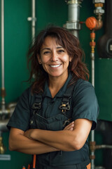 Obraz premium A middle-aged Hispanic female plumber, smiling while working on plumbing pipes in a professional setting, with a green background.