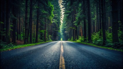 Naklejka premium A scenic road leading through a dark forest