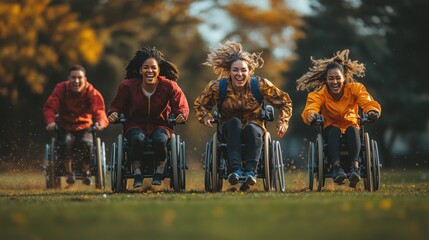 A diverse group of friends in wheelchairs racing outdoors, smiling and enjoying an active day together.