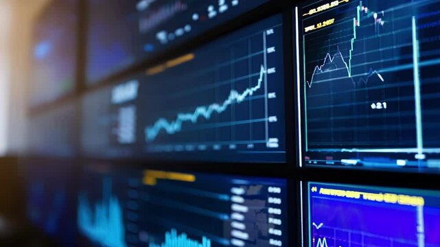 Multiple computer monitors are displaying various data points and an upward trending line graph indicating a positive trajectory. The image evokes a sense of innovation and growth