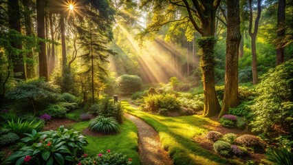 A secret garden in a dense forest with sunlight filtering through in patches