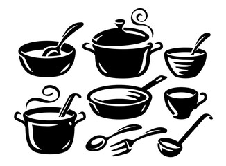 Kitchenware icons set. Kitchen utensils symbols for restaurant or cafe menu. Cooking concept vector illustration
