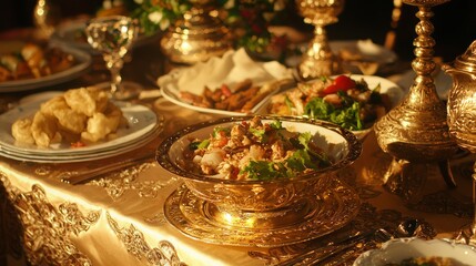 Cultural Celebration: Traditional Thai Family Dinner with Regional Dishes and Ornate Tableware