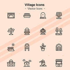 Icons representing themes related to village life and community.