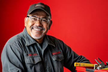 Fototapeta premium A senior Hispanic male plumber, smiling warmly in a professional work setting, with tools and a toolbox in the foreground, on a red background.