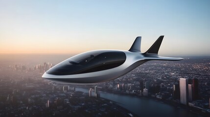 Sleek electric air taxi hovering above futuristic city skyline, smooth aerodynamic design, golden hour sunlight, modern transportation concept	