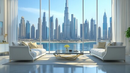 Luxurious architecture home in Dubai, with a three-dimensional interior of a modern art deco living and eating area, high-end designer furnishings, large glass windows, and a backdrop of famous towers